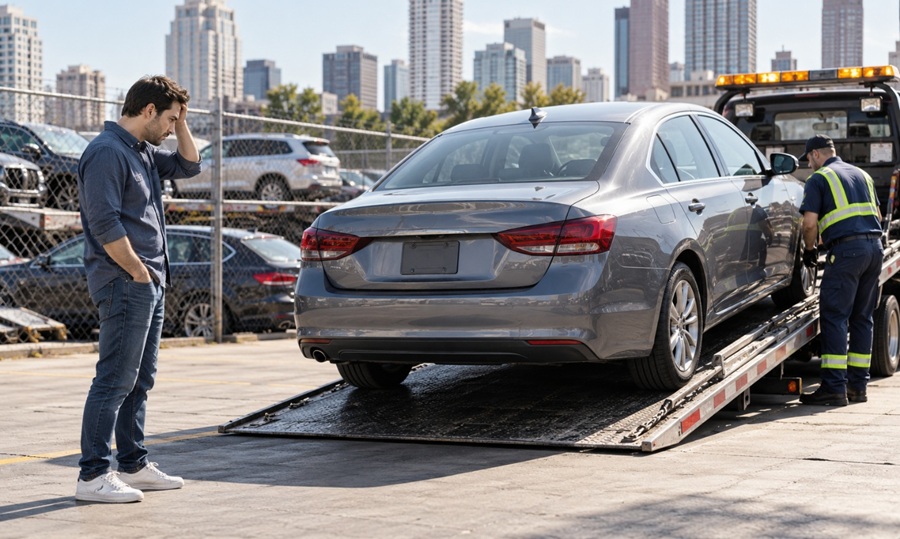 Driver standing beside a towed car at an impound lot while a tow truck operator secures the vehicle